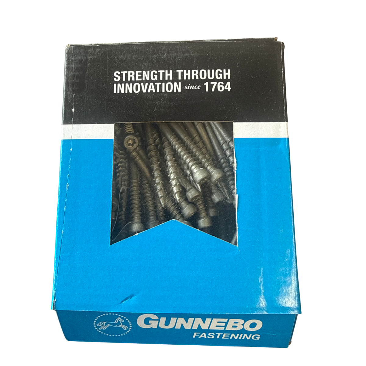 Gunnebo Fastening förpackning med skruvar synliga genom fönster i kartongen