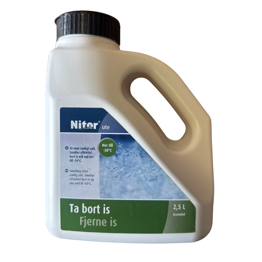 Isborttagningsmedel Nitor Ta bort is, kalciumklorid granulat 2,5 liter, framsida
