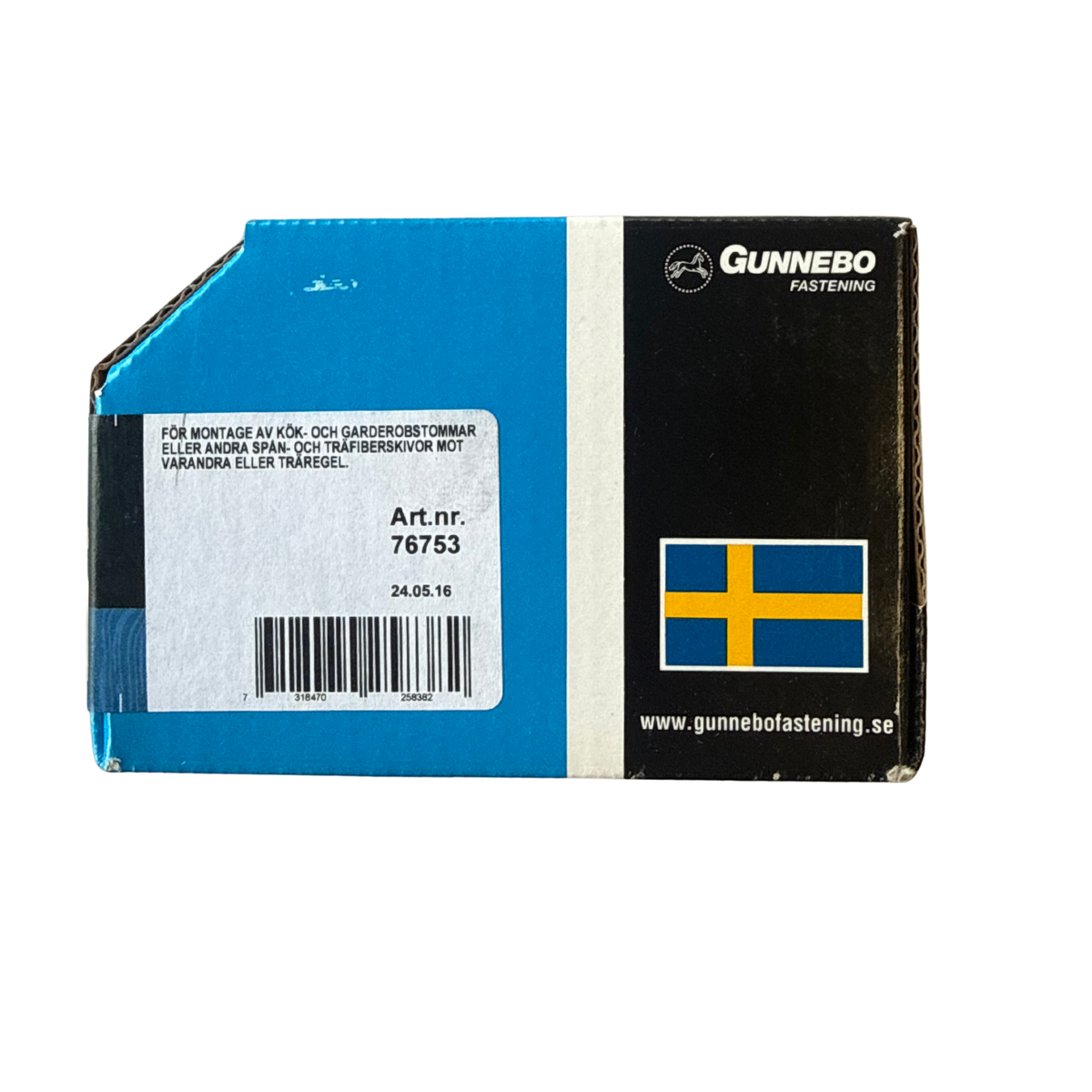 Baksida av Gunnebo Spånskiveskruv Kök-förpackning med användningsinformation och artikelnummer 76753