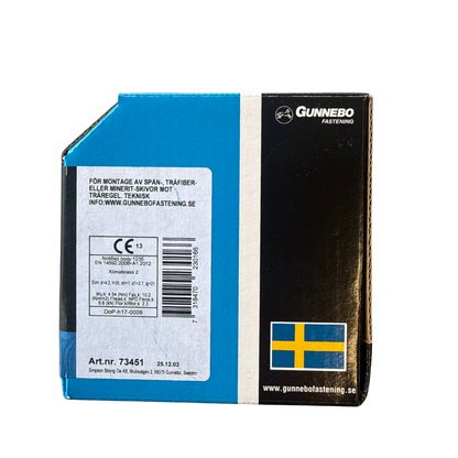 Baksida av Gunnebo Spånskiveskruv-förpackning med teknisk information och artikelnummer 73451