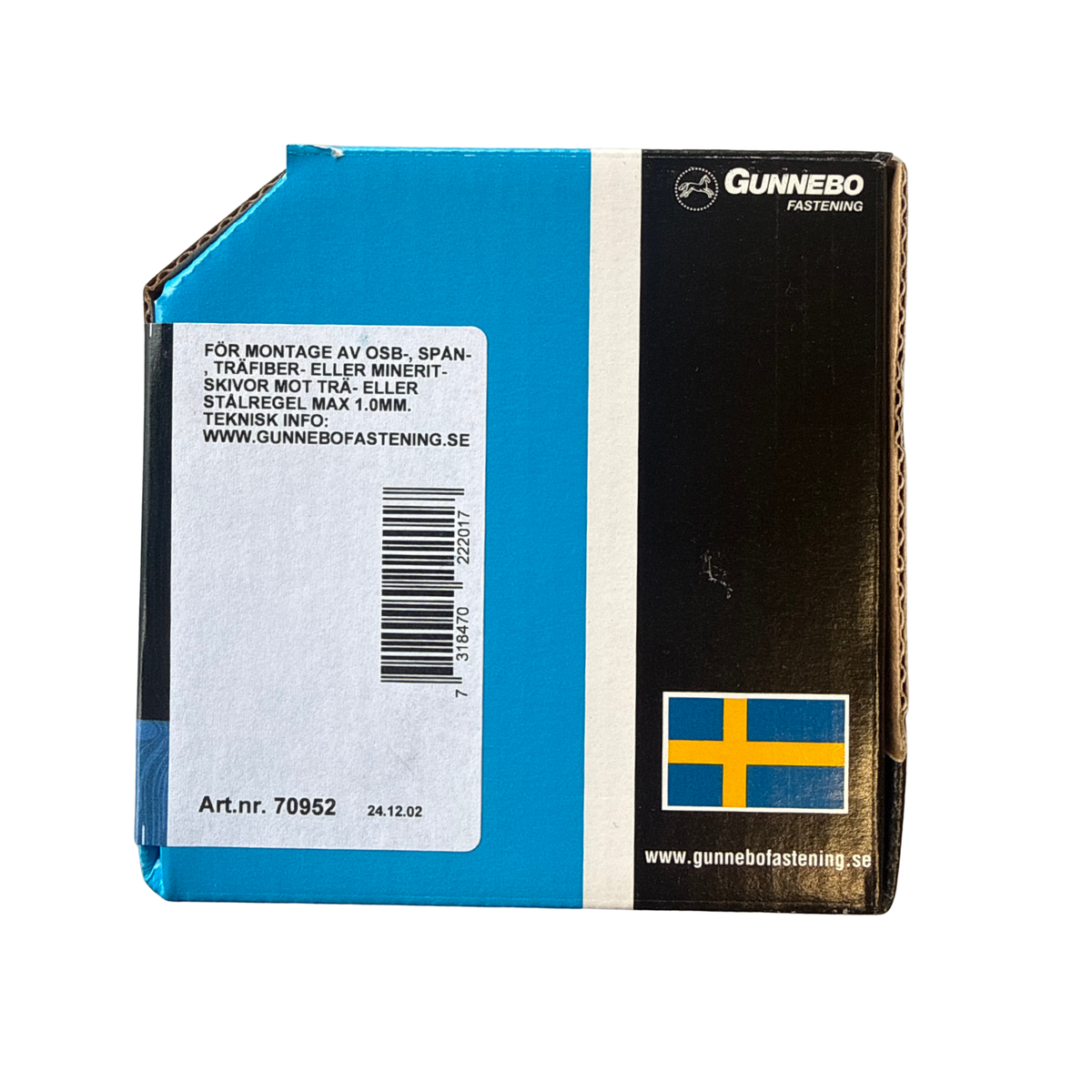 Baksida av Gunnebo OSB- och Spånskiveskruv-förpackning med användningsinformation och artikelnummer 70952