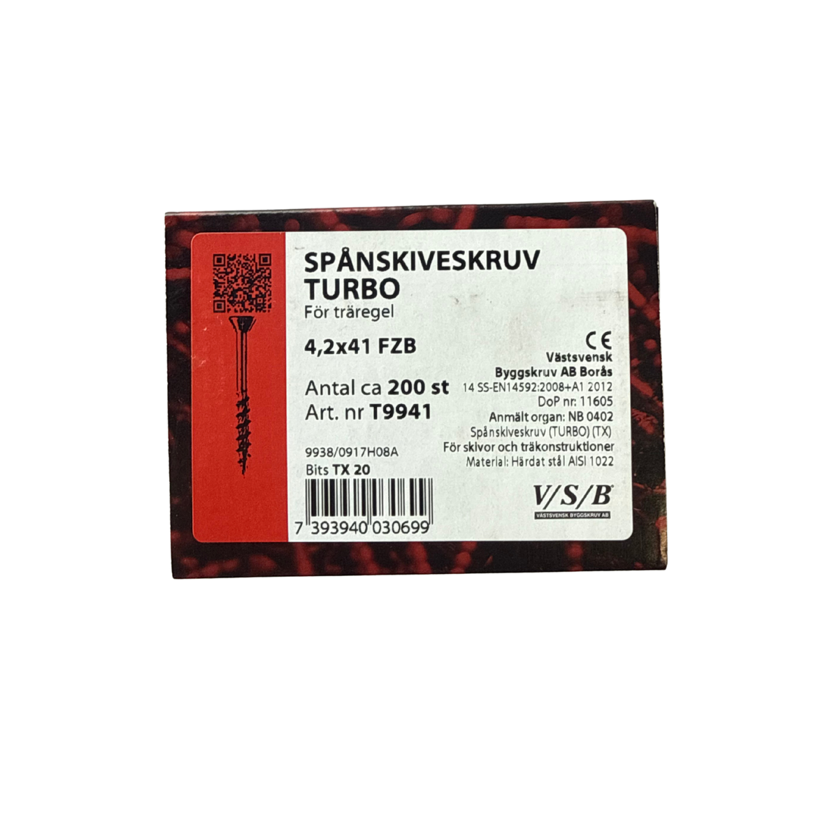 Västsvensk Byggskruv Spånskiveskruv Turbo förpackning 4,2x41mm FZB 200 stycken