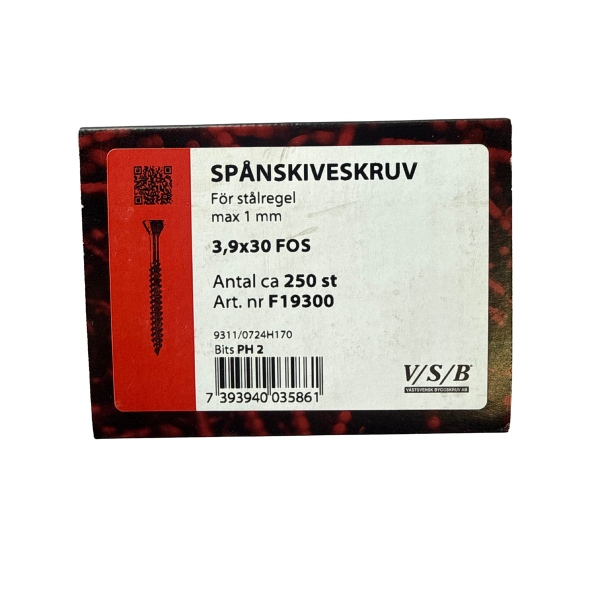 Västsvensk Byggskruv Spånskiveskruv förpackning 3,9x30mm fosfaterad för stålregel 250 stycken