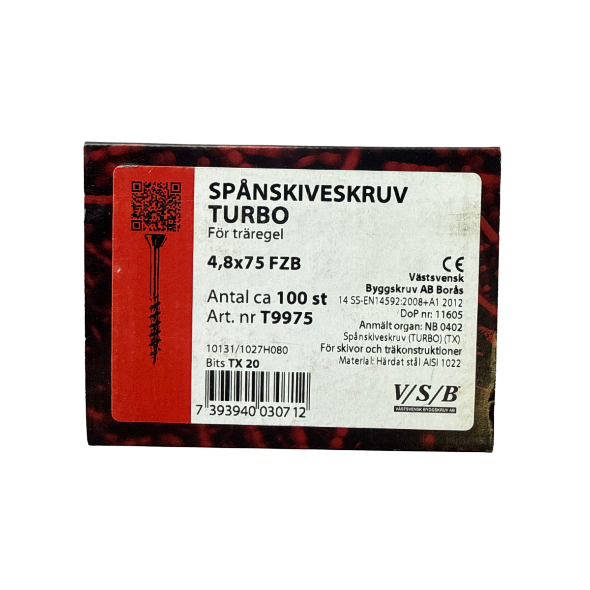 Västsvensk Byggskruv Spånskiveskruv Turbo förpackning 4,8x75mm FZB 100 stycken