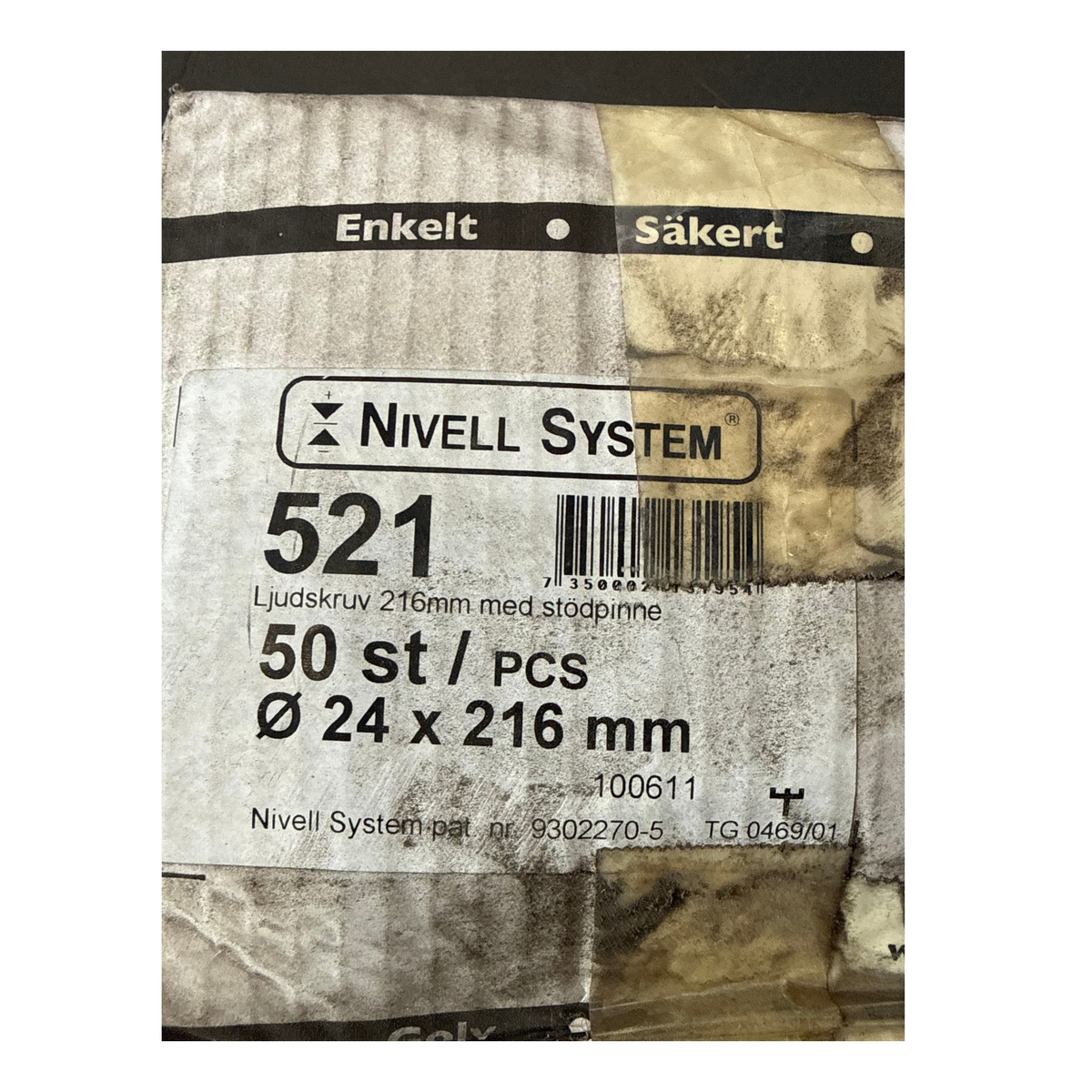Etikett på Nivell System ljudskruv 521, 216 mm med stödpinne, 50-pack
