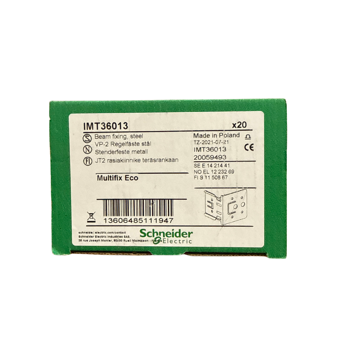 Förpackning med regelfäste i stål från Schneider Electric Multifix Eco, IMT36013