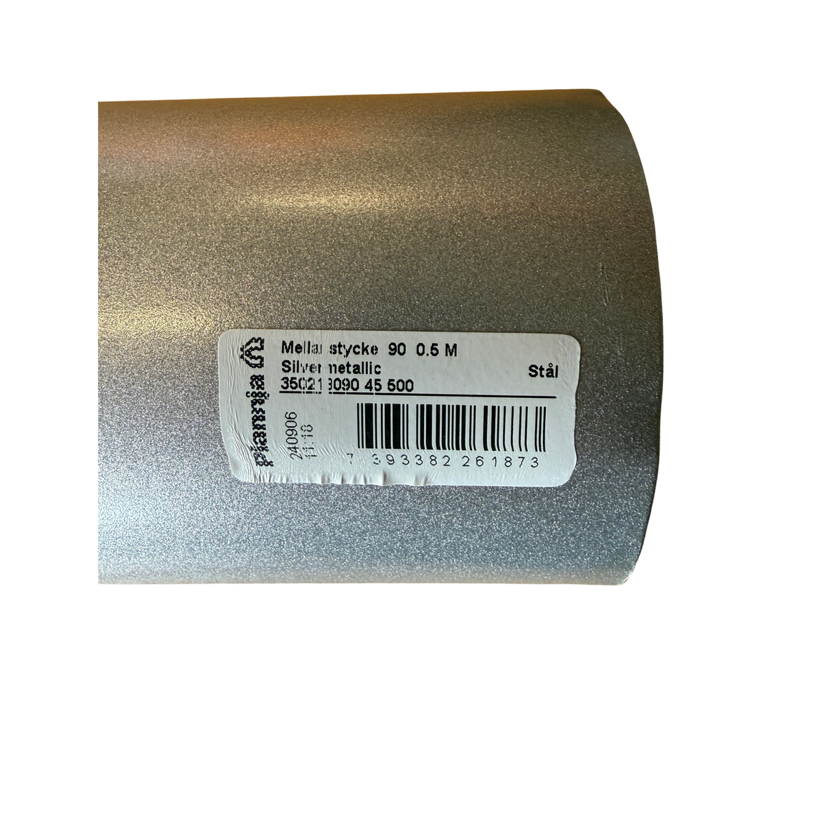 Etikett på mellanstycke 90 mm silvermetallic med artikelnummer och streckkod