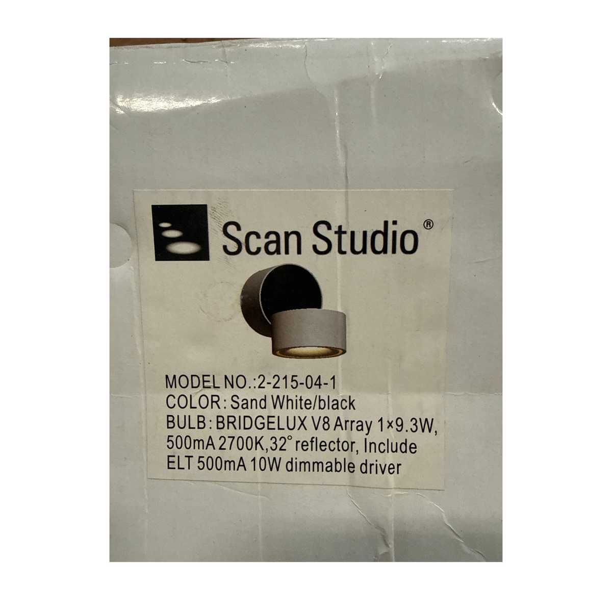 Etikett på Scan Studio LED-spotlight, modell 2-215-04-1, Bridgelux LED