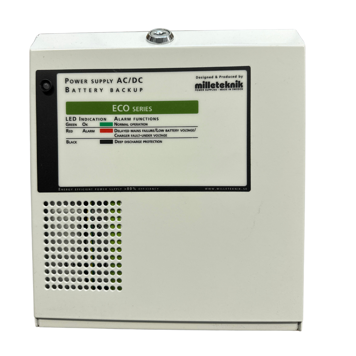 Milleteknik ECO batteribackup, vit plåtkapsling med nyckellås, framifrån