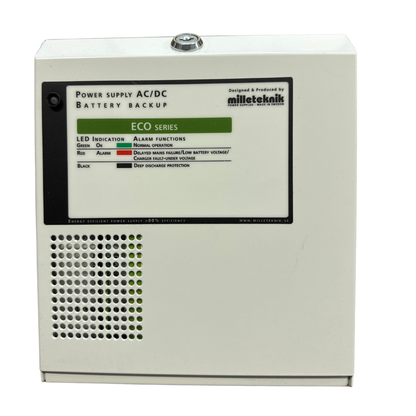 Milleteknik ECO batteribackup, vit plåtkapsling med nyckellås, framifrån