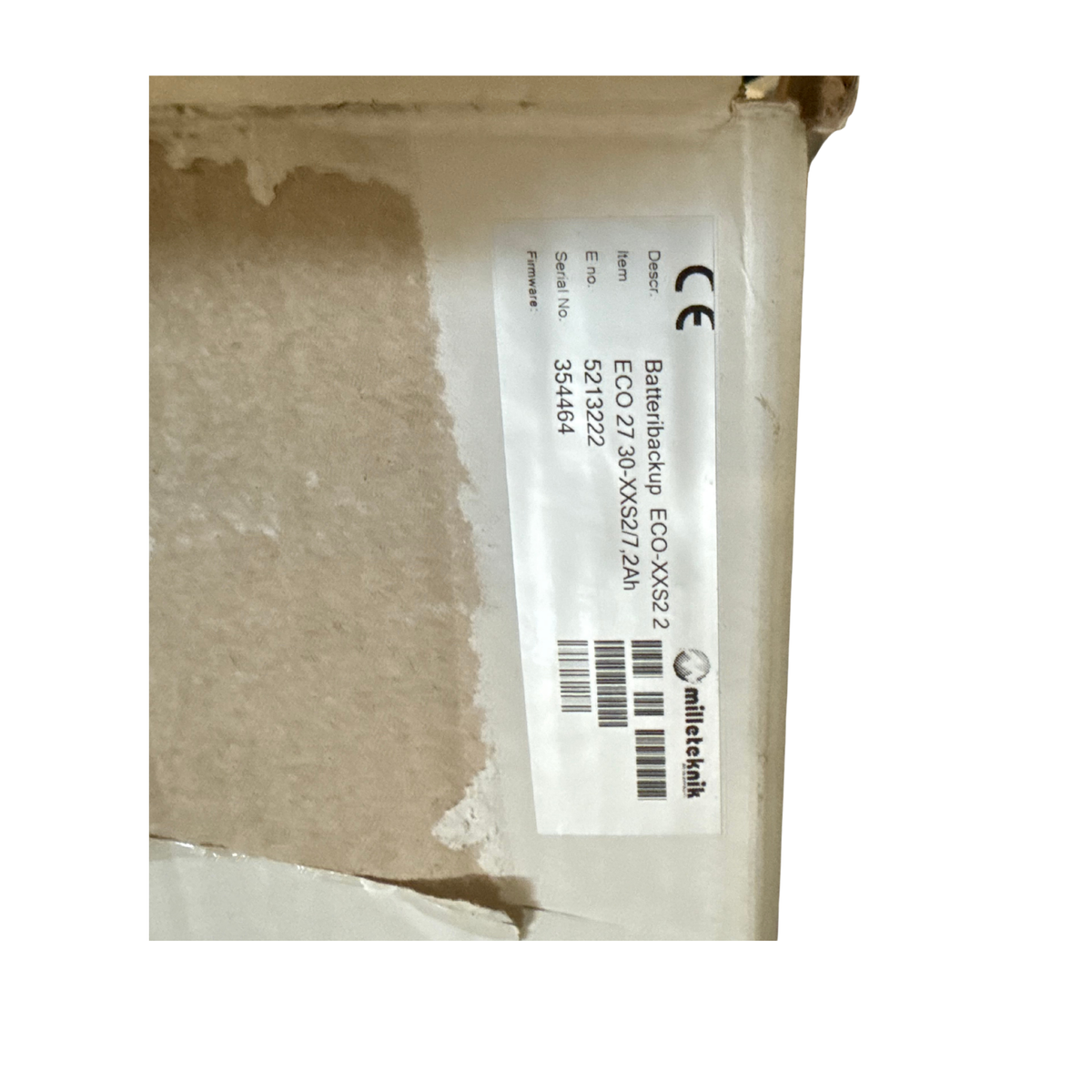 Etikett på Milleteknik ECO batteribackup, ECO 27 30-XXS2/7,2Ah