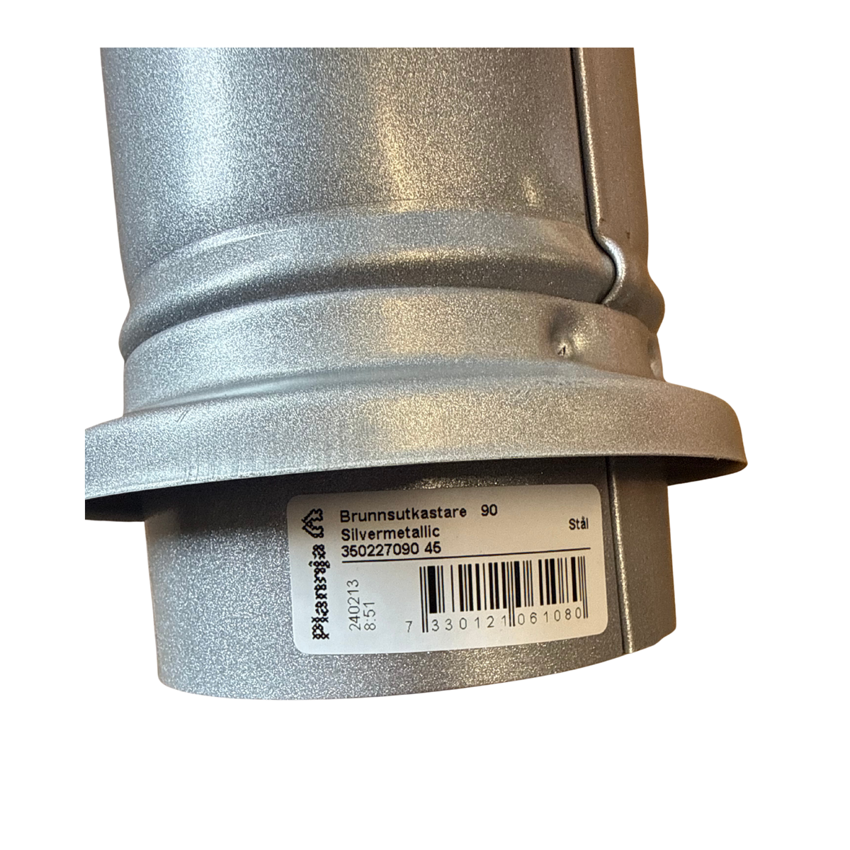 Etikett på brunnsutkastare 90 mm silvermetallic med artikelnummer och streckkod