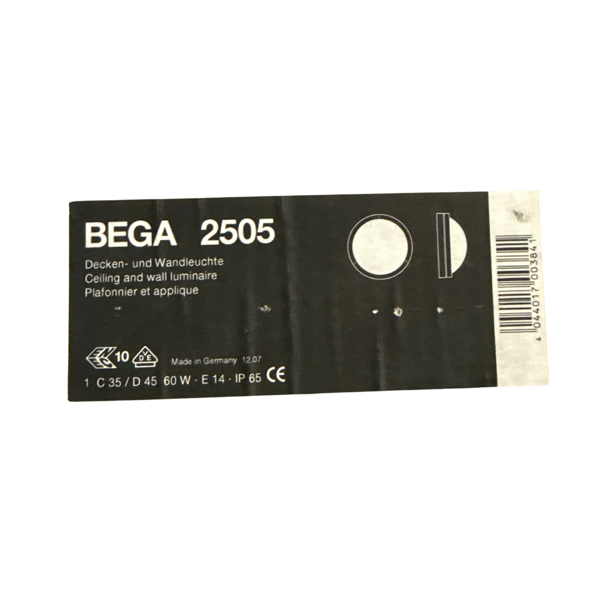 Etikett på BEGA 2505 Decken- und Wandleuchte, E14 60W IP65