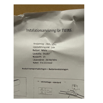 Installationsanvisning för Accenta Twins nödbelysningsarmatur med tekniska specifikationer