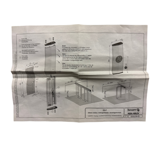 Installationsritning för Besam ES-P armbågskontakt med måttangivelser