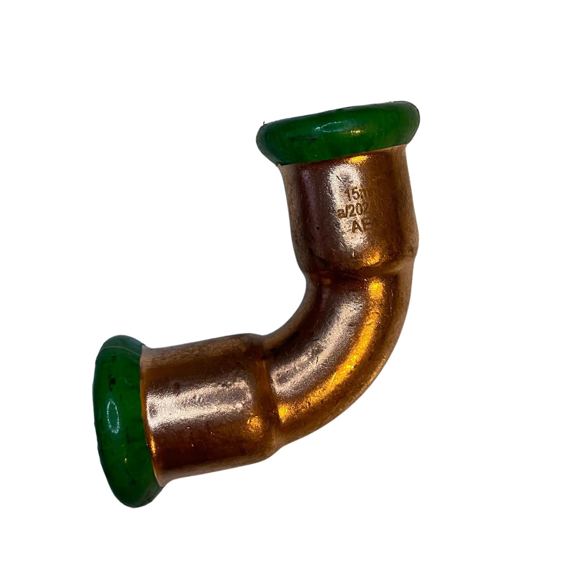 Pressböj i koppar 15 mm med två muffar och gröna skyddslock