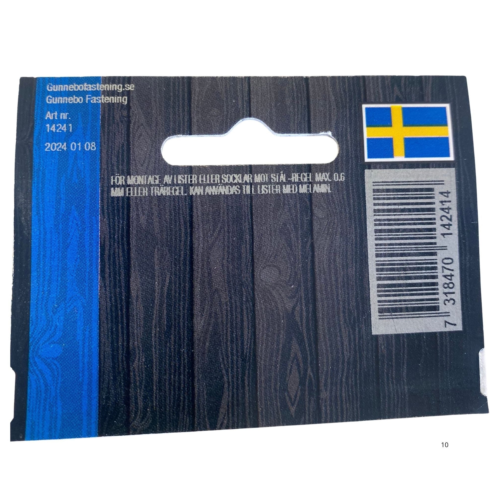 Gunnebo Fastening listskruv gulförzinkad blisterpaket baksida med användningsinstruktioner och artikelnummer 14241