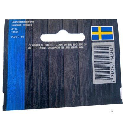 Gunnebo Fastening listskruv gulförzinkad blisterpaket baksida med användningsinstruktioner och artikelnummer 14241