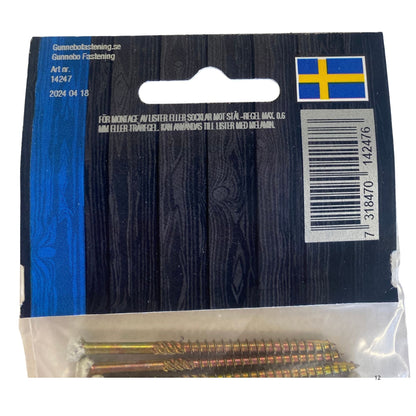 Gunnebo Fastening listskruv vit blisterpaket baksida med användningsinstruktioner och artikelnummer 14247