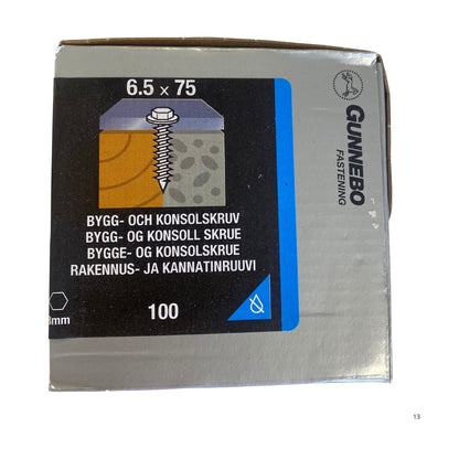 Gunnebo Fastening bygg- och konsolskruv förpackning 6.5x75 mm 100-pack med 8 mm sexkantshuvud