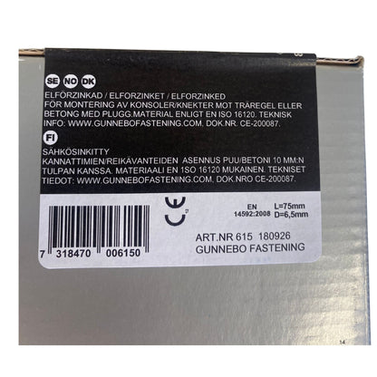 Gunnebo Fastening bygg- och konsolskruv förpackning baksida med teknisk information och artikelnummer 615