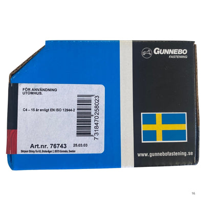 Gunnebo Fastening träskruv försänkt förpackning baksida med korrosionsklass och artikelnummer 76743
