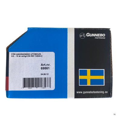 Gunnebo Fastening träskruv försänkt förpackning baksida med korrosionsklass och artikelnummer 69861
