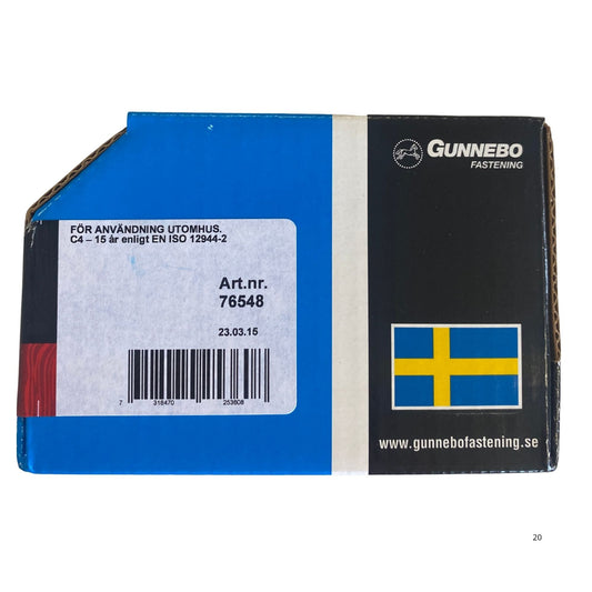 Gunnebo Fastening träskruv försänkt förpackning baksida med korrosionsklass och artikelnummer 76548