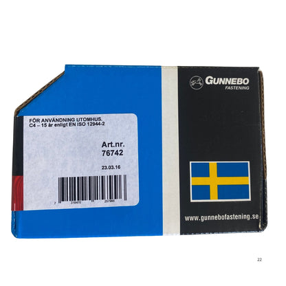 Gunnebo Fastening träskruv försänkt förpackning baksida med korrosionsklass och artikelnummer 76742