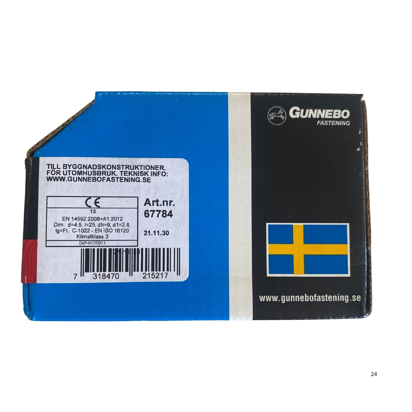 Gunnebo Fastening träskruv försänkt förpackning baksida med tekniska specifikationer och artikelnummer 67784