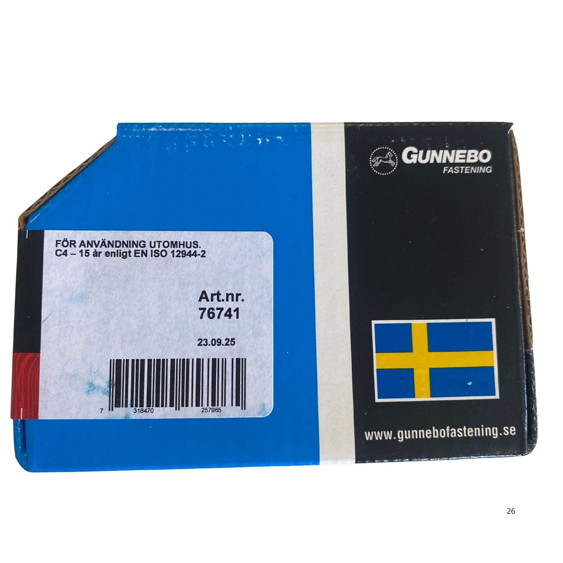 Gunnebo Fastening träskruv försänkt förpackning baksida med korrosionsklass och artikelnummer 76741