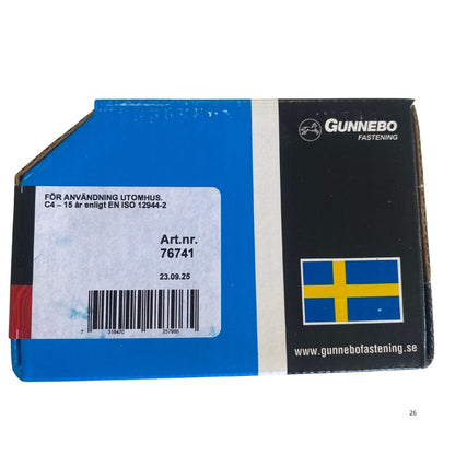 Gunnebo Fastening träskruv försänkt förpackning baksida med korrosionsklass och artikelnummer 76741