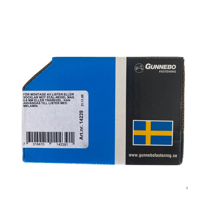 Gunnebo Fastening listskruv vit förpackning baksida med användningsinstruktioner och artikelnummer 14239