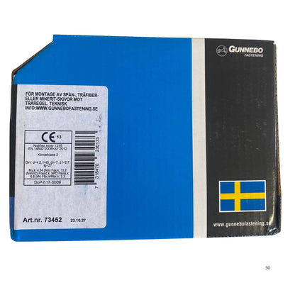 Gunnebo Fastening spånskiveskruv förpackning baksida med tekniska specifikationer och artikelnummer 73452