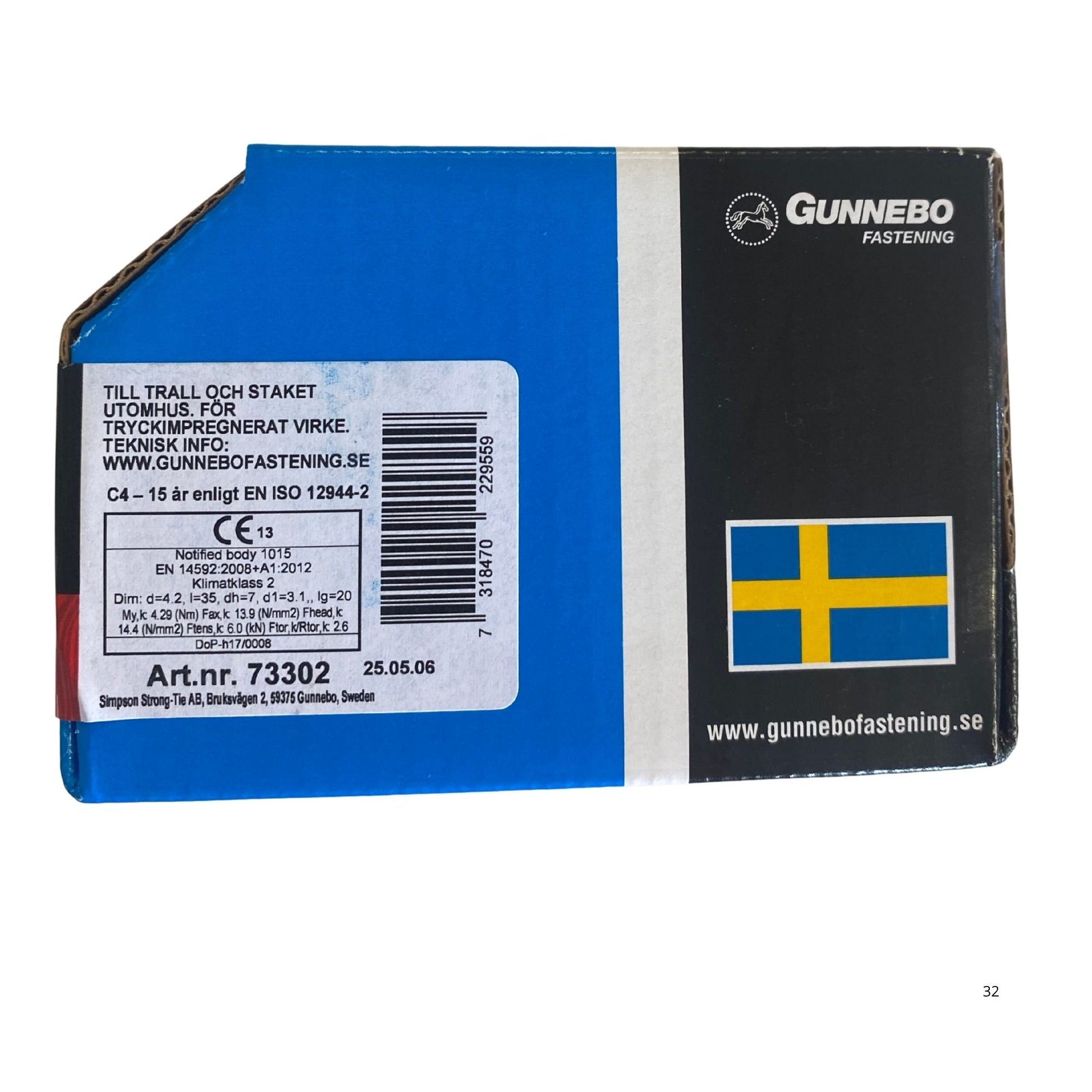 Gunnebo Fastening trallskruv förpackning baksida med tekniska specifikationer och artikelnummer 73302