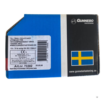 Gunnebo Fastening trallskruv förpackning baksida med tekniska specifikationer och artikelnummer 73302