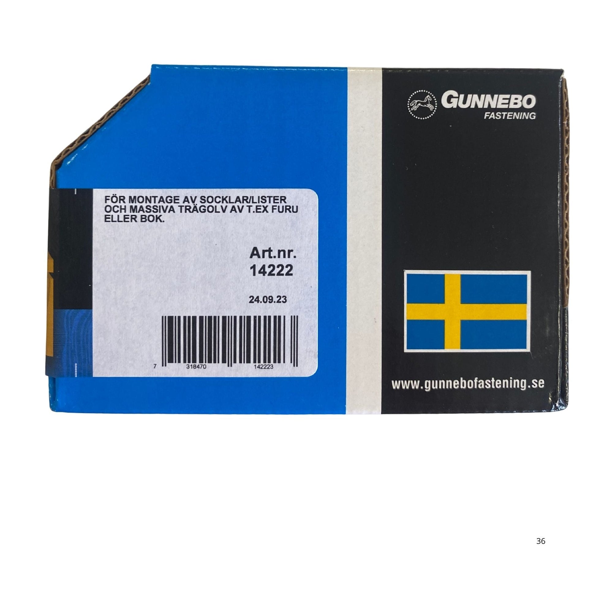 Gunnebo Fastening golv- och sockelskruv förpackning baksida med användningsinstruktioner och artikelnummer 14222
