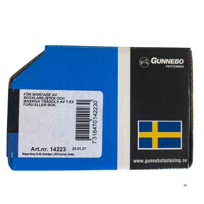 Gunnebo Fastening golv- och sockelskruv förpackning baksida med användningsinstruktioner och artikelnummer 14223