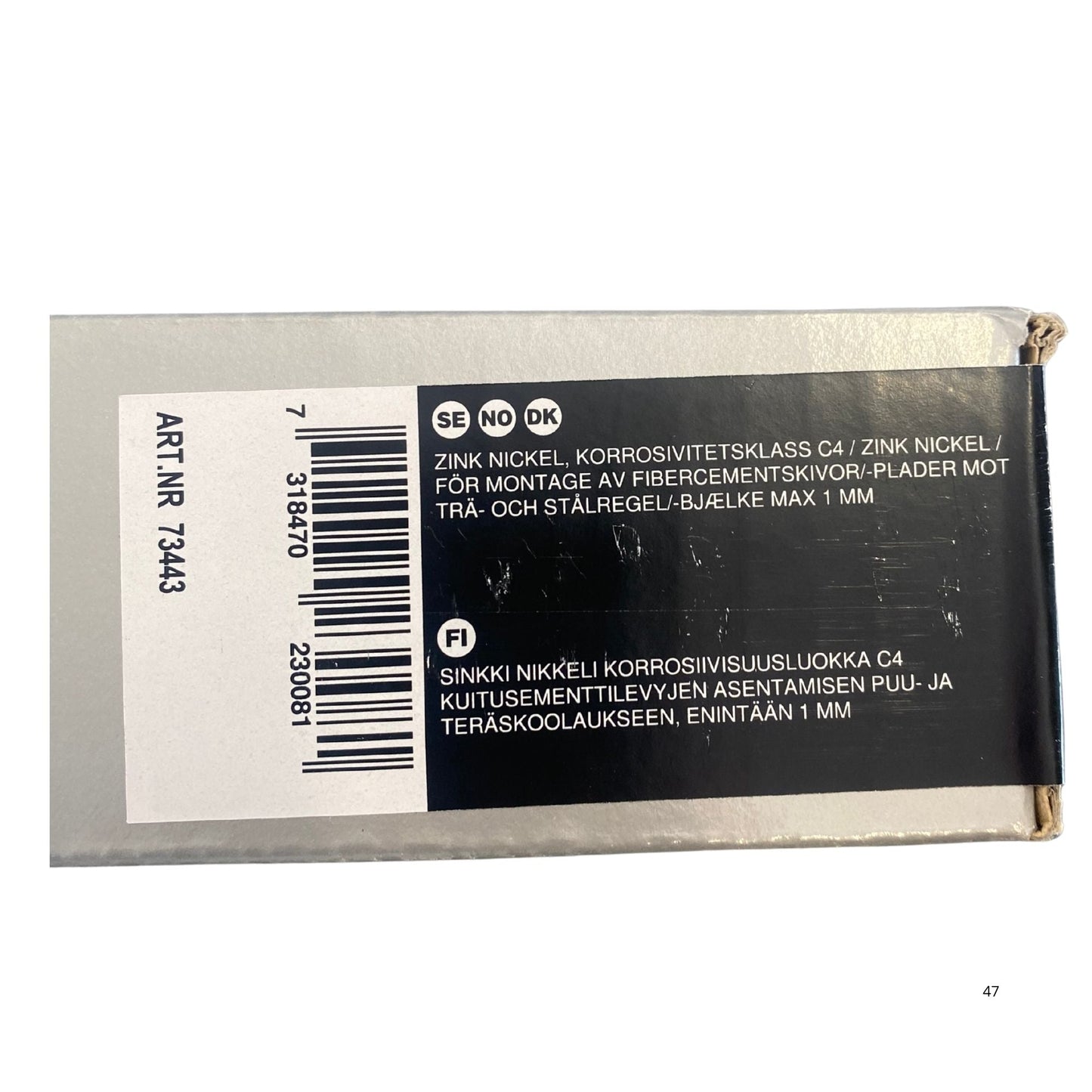 Gunnebo Fastening bandad fibercementskruv förpackning med teknisk information om zink nickel och artikelnummer 73443