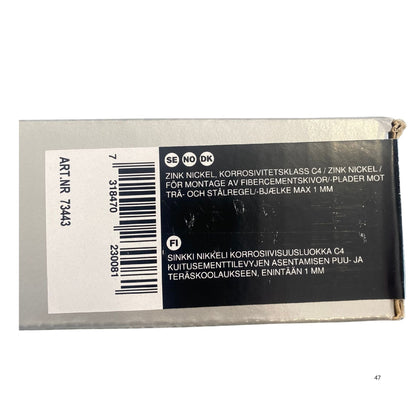 Gunnebo Fastening bandad fibercementskruv förpackning med teknisk information om zink nickel och artikelnummer 73443