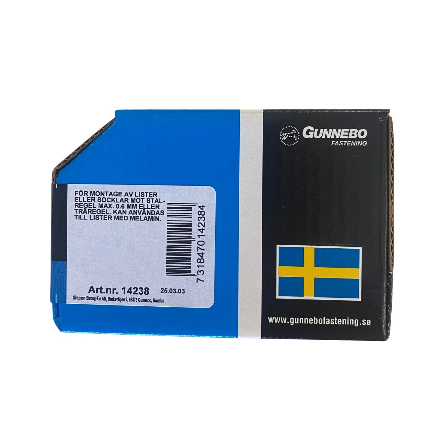 Gunnebo Fastening listskruv gulförzinkad förpackning baksida med användningsinstruktioner och artikelnummer 14238