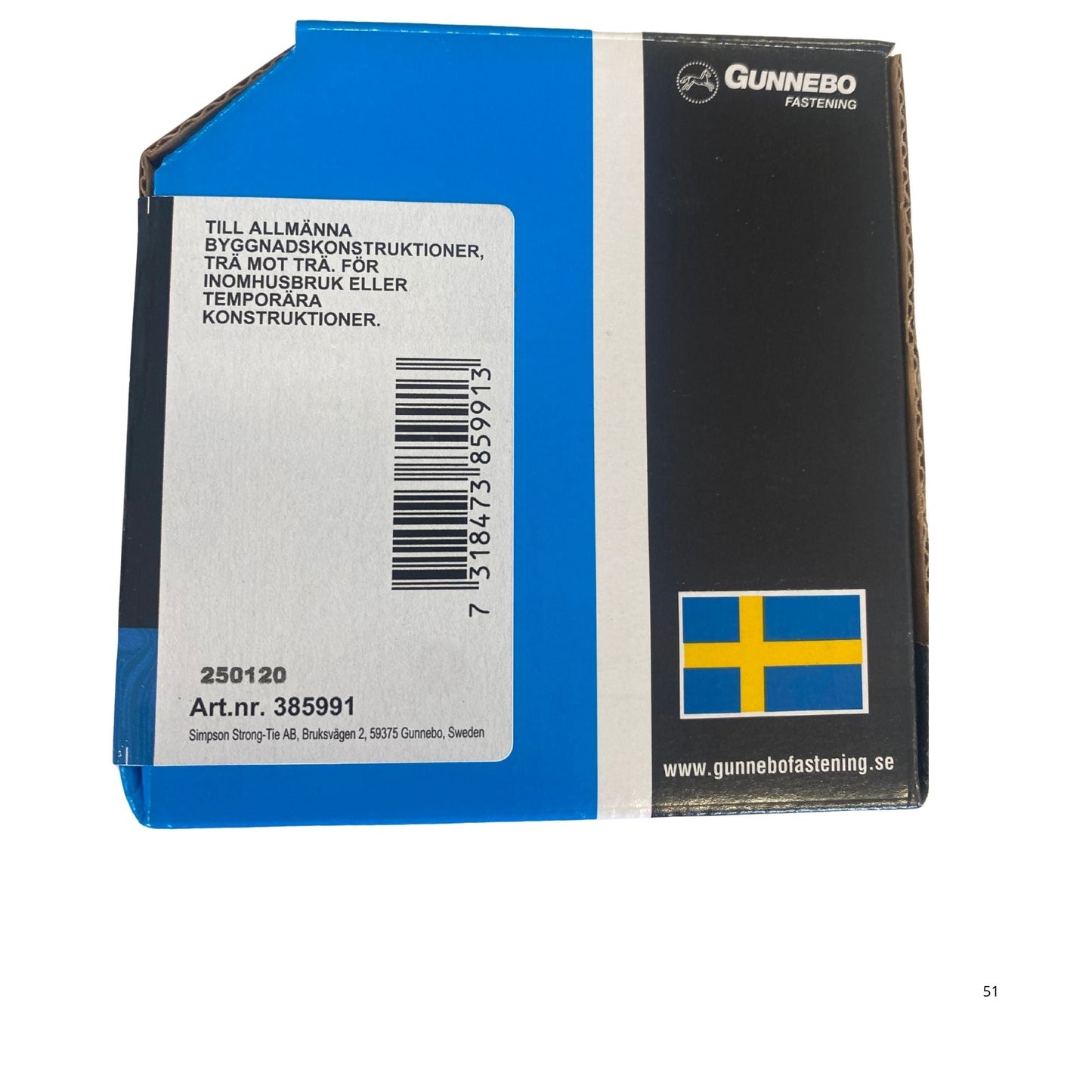 Gunnebo Fastening spik förpackning baksida med användningsinformation och artikelnummer 385991