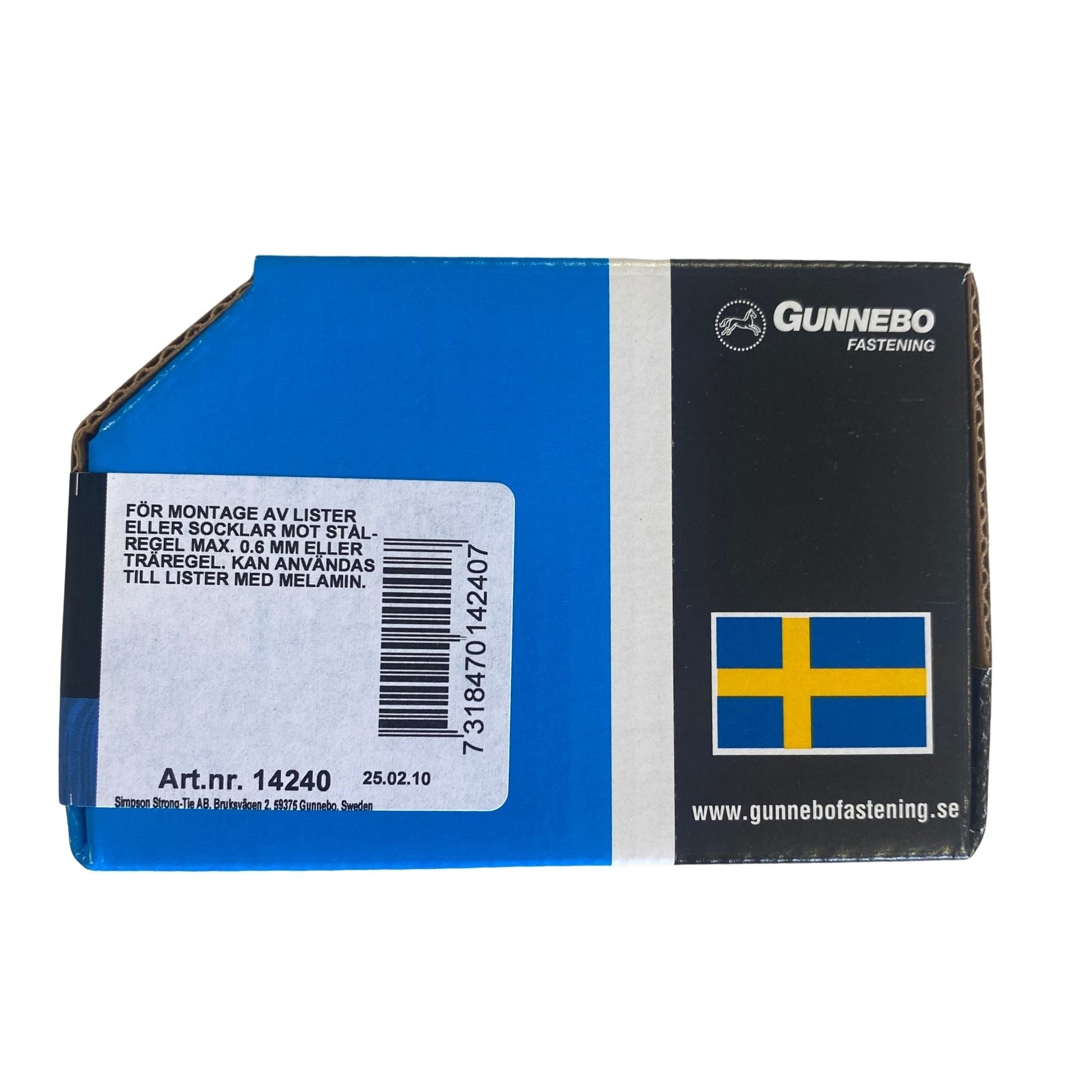 Gunnebo Fastening listskruv gulförzinkad förpackning baksida med användningsinstruktioner och artikelnummer 14240