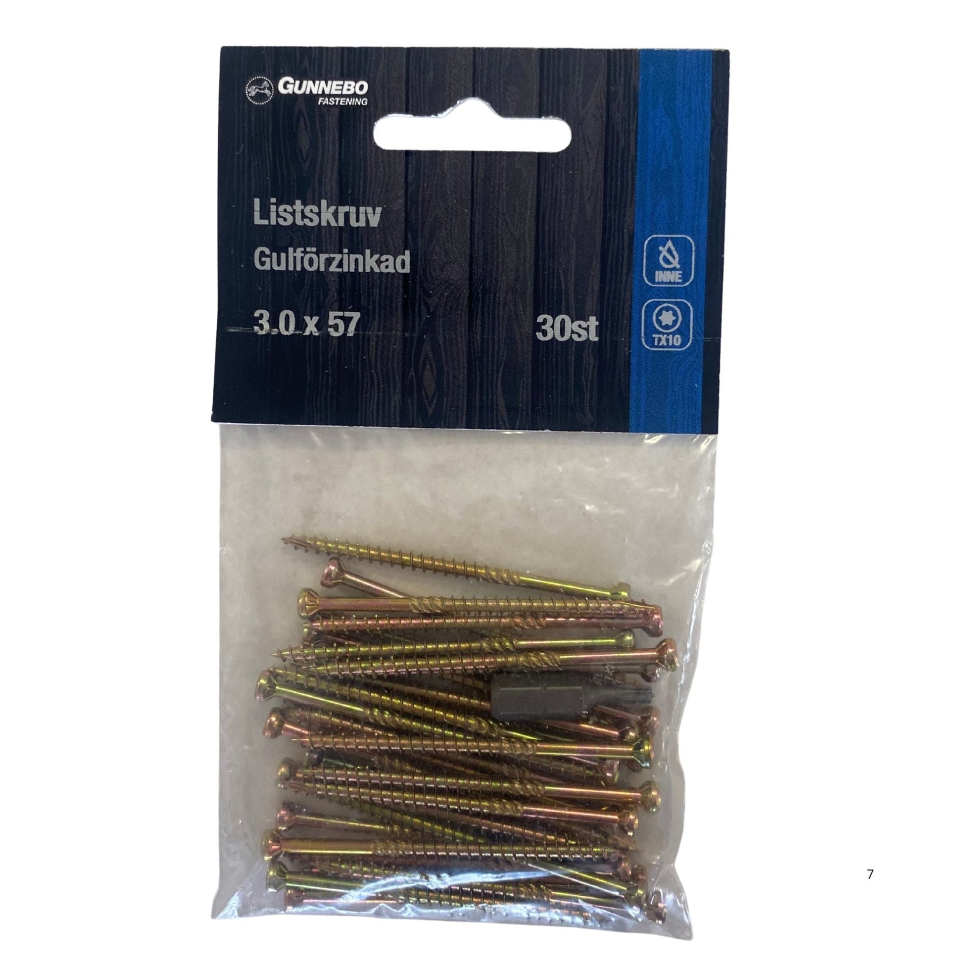 Gunnebo Fastening listskruv gulförzinkad blisterpaket 3.0x57 mm 30-pack med skruvar synliga