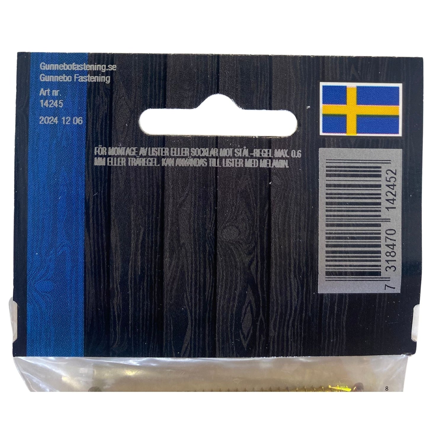 Gunnebo Fastening listskruv gulförzinkad blisterpaket baksida med användningsinstruktioner och artikelnummer 14245