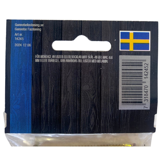 Gunnebo Fastening listskruv gulförzinkad blisterpaket baksida med användningsinstruktioner och artikelnummer 14245