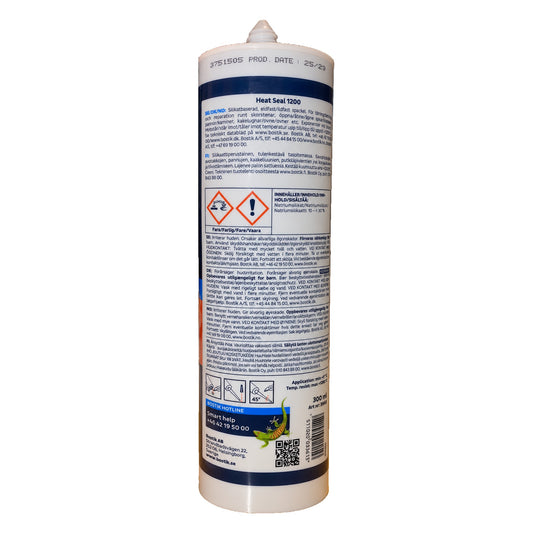 Eldfast spackel Heat Seal 1200 baksida med bruksanvisning, säkerhetsinformation och art.nr 3960
