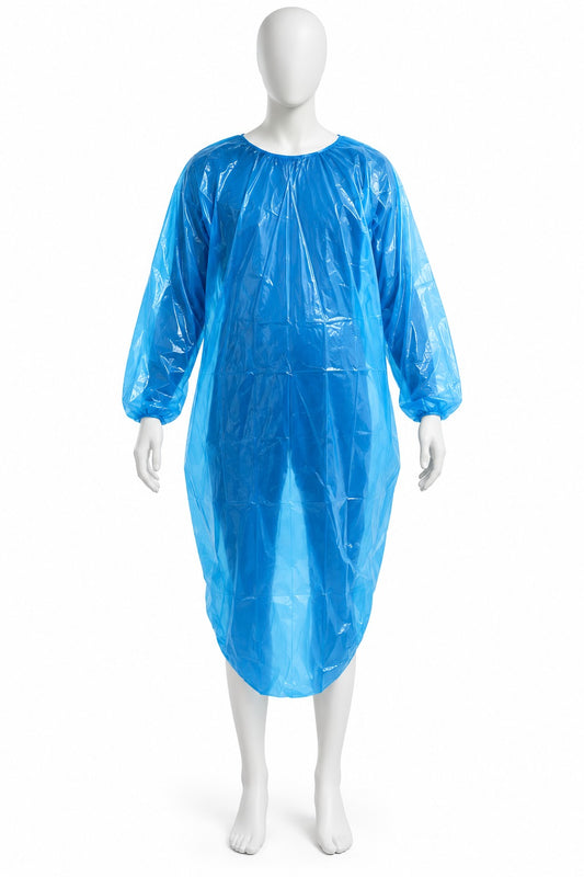 Engångsregnskydd poncho blå med ärmar på skyltdocka, transparent PE 118x80 cm