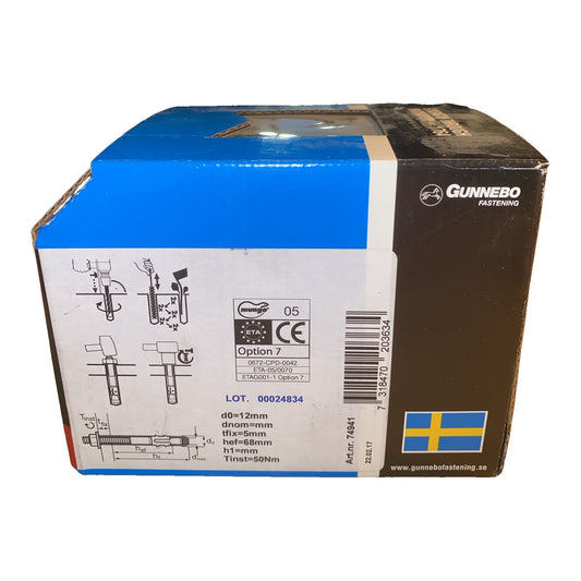 Expanderskruv Gunnebo M2 etikett med ETA-godkännande, monteringsanvisning och art.nr 74941