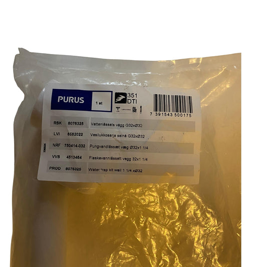 Produktetikett på PURUS vattenlåssats vägg G32 Ø32 med RSK-nummer